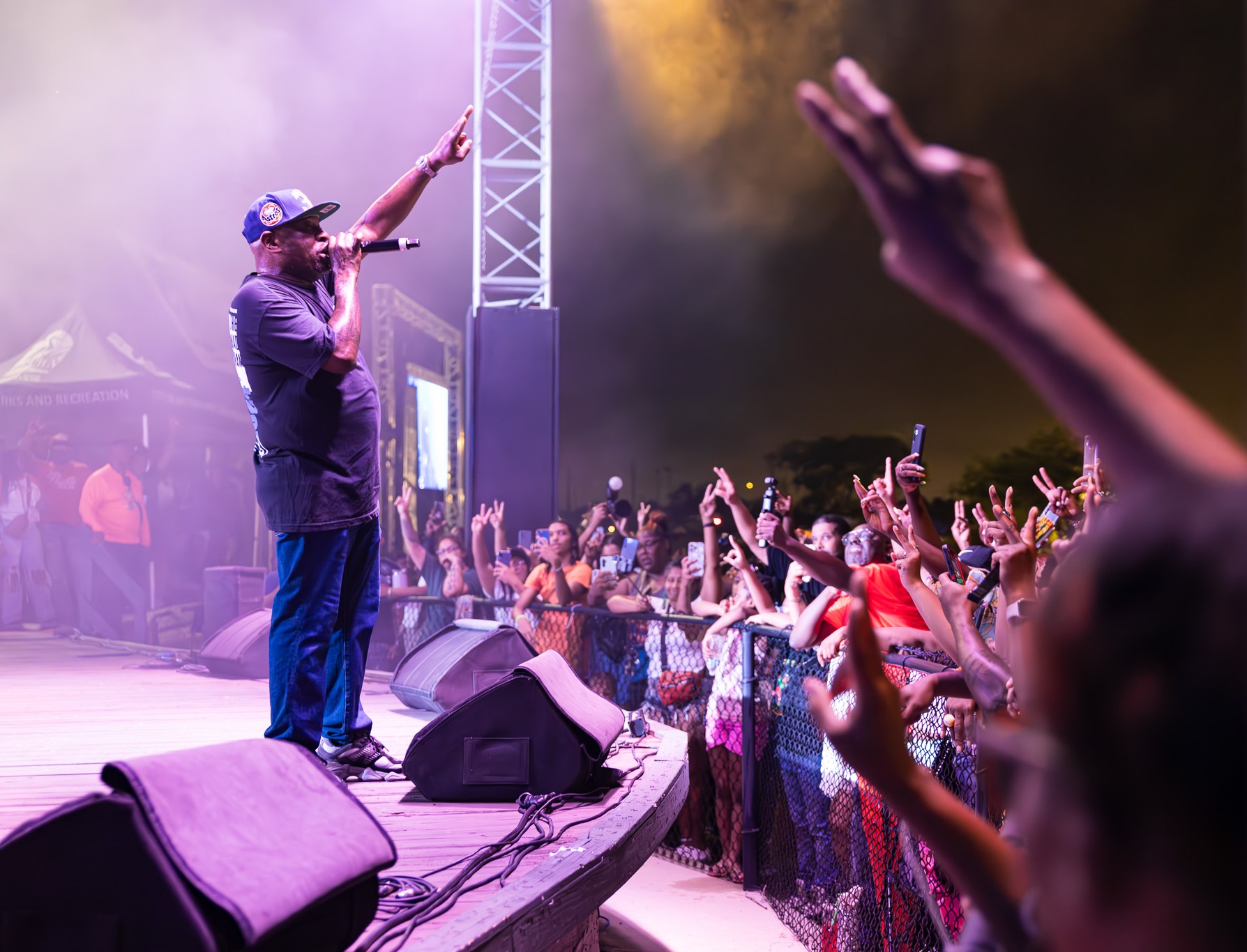 Performer onstage at night holding a microphone with one arm raised as a large crowd cheers and records the moment.