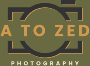 A To Zed Photography logo featuring a black and gold camera graphic with bold gold lettering on an olive background.