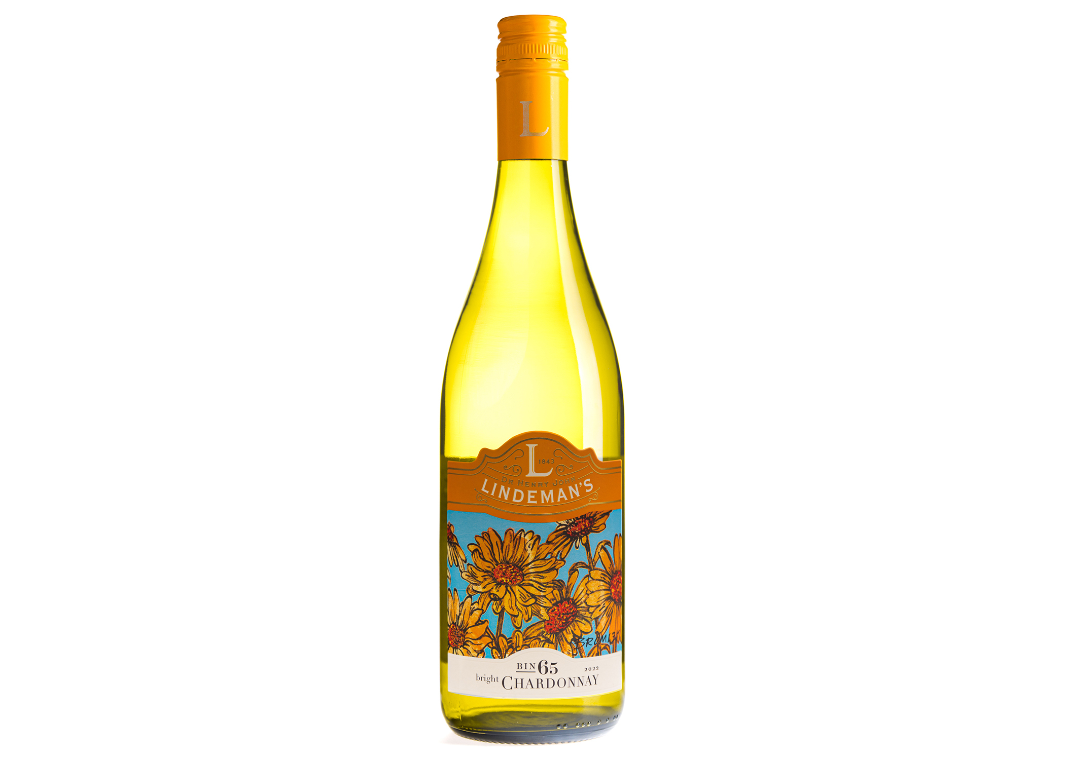 Bottle of Lindeman’s Bin 65 Chardonnay with yellow floral label and screw cap on a plain background.